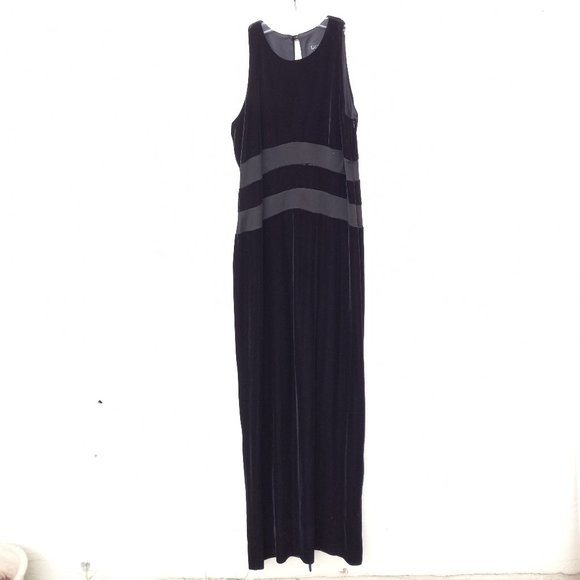 90s Vintage Minimalist Black Velvet Column Maxi Evening Gown Holiday NYE Event M - Picture 1 of 16